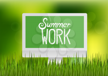 Focus on realistic blank computer monitor, workplace in green grass. Happy summer work, nature illustration. Spring bright natural background and forest in the back