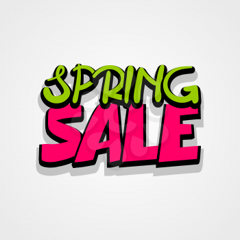 Spring sticker rates. Comic text font lettering. Sale advertising web label badge. Vector illustration best price and discount. Special offer tag colored paper banner for print.