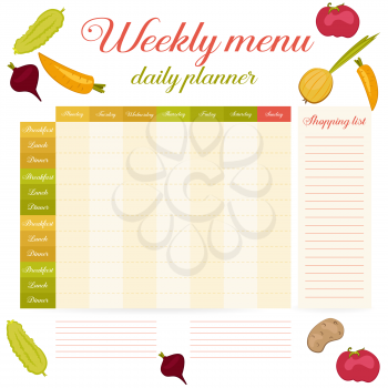 Cute paper note week healthy eating, daily routine. Breakfast, lunch, dinner. Weekly menu calendar. Template shopping list product and vegetables. Planner Vector.