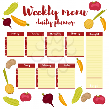 Red colored paper note week healthy eating, hand drawn brush. Breakfast, lunch, dinner. Weekly menu calendar. Template shopping list product and vegetables. Planner Vector.