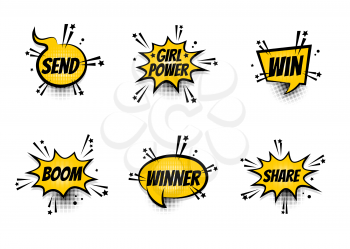 Lettering Girl power, winner, boom, share. Set comics book balloon. Bubble icon speech phrase. Cartoon exclusive font label tag expression. Comic text sound effects. Sounds vector illustration.