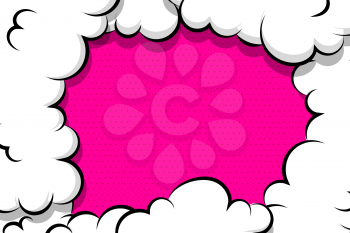 Comic book cartoon speech bubble for text. Cartoon puff cloud pink background for text template. Pop art dialog conversation funny smoke steam. Comics explosion symbol.