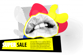 Banner for sale. Modern trendy hipster pop art open mouth halftone with geometric yellow elements. 80s-90s line shape vintage style. Memphis vector graphic dot, line, circle.