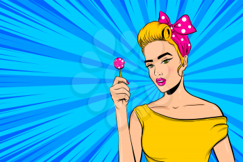 Pop art blonde woman portrait in retro style. Girl hold lollipop in hand. Surprised wow face with open mouth. Pink bow vintage hairstyle. Pop art retro girl.
