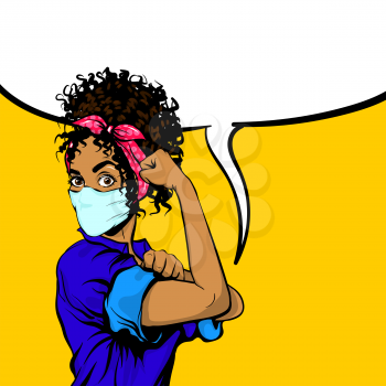 We Can Do It black african woman in medical mask retro poster. Cartoon vintage girl with pink bow in pop art style. Empty speech bubble for text. Black pop art woman isolated on yellow background.