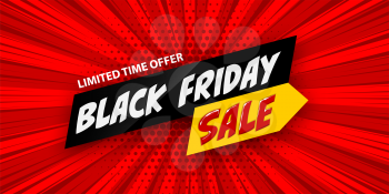 3d comic book cartoon black friday sale banner. Vector layout red banner on halftone radial background. Cartoon explosion Black Friday design.