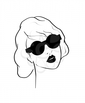Fashion monochrome design sketch woman in style pop art. Glamour woman in black sunglasses lips. Black mouth speed girl fashion sketch.
