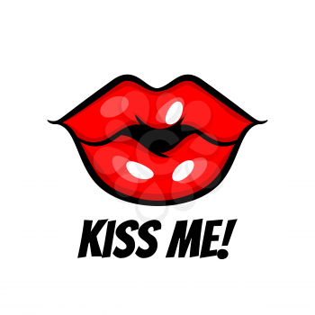 Kiss me red woman kiss lips in pop art style isolated on white background. Cartoon girl make up vector illustration. Vintage cartoon pop art of girl pink lips. Saint Valentines Day