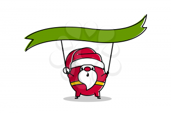 Outline cartoon Santa Claus hold flag for Merry Christmas greetings. Simple vector illustration for Christmas holiday. Trendy line art Santa with announcements tag.