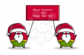 Two outline cartoon Santas Claus stay with flag for Merry Christmas greetings. Simple vector text for Christmas holiday. Trendy line art Santa with announcements tag.