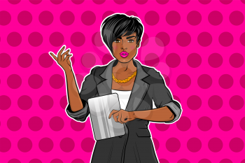 Beautiful black pop art girl in suit working on tablet. Bright fashionable vector business illustration of emotions. Cartoon black woman in black suit pop art on pink halftone background.