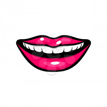 Pink red woman smile lips in pop art style isolated on white background. Cartoon girl make up vector illustration. Sexy pop art lips sticker with. Vintage cartoon pop art of girl pink lips.