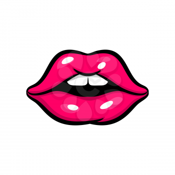 Surprised pink red woman lips in pop art style isolated on white background. Cartoon girl make up vector illustration. Sexy pop art lips sticker with. Vintage cartoon pop art surprise girl pink lips.