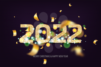 2022 Happy New Year. Tradicional lettering text for Happy New Year or Merry Christmas. Holiday background with golden bokeh number 2022. Dark vector Illustration