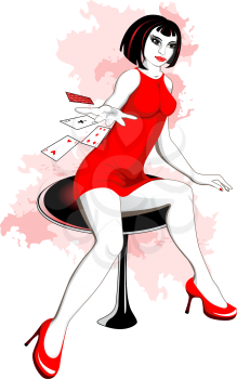 beautiful girl in red dress sitting on a chair and playing card