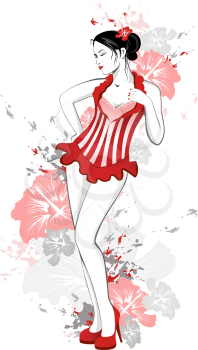 beautiful girl in red dress with flowers and splashes of paint