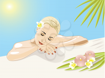 resting girl in swimming pool with flowers and palm leaves