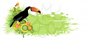 summer banner with tropical bird, palms and grunge effect