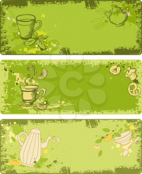set of green tea banners in grunge style