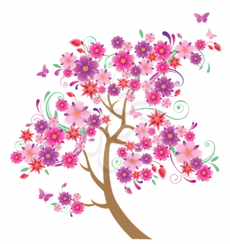 flowering tree and butterflies on a  white background