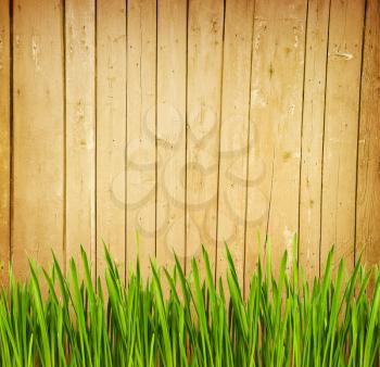 Background with wooden fence and green grass