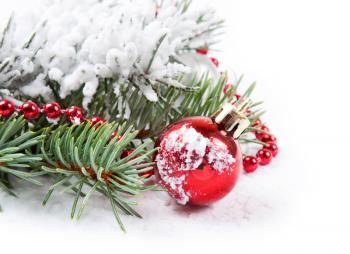 Christmas background with red decorations  and fir branch 