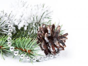 Christmas background with bead, pine cone and fir branch 