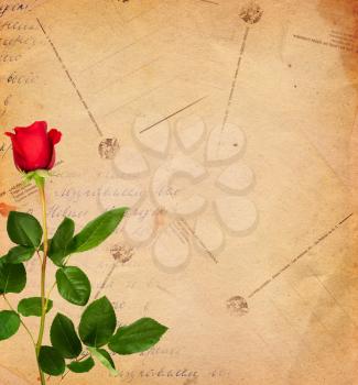 Vintage decorative background with red rose and postal cards