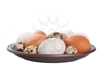 Quail and chicken eggs in a clay plate isolated on a white background