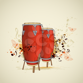 Music grunge background with red drums and notes