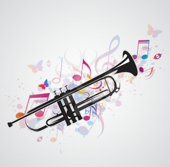 Music abstract background with black trumpet and notes
