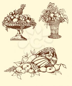 Set of vector vintage hand drawn fruits