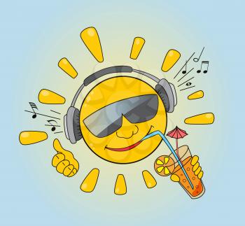 Vector summer background with Sun in headphones