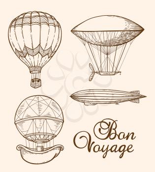 Set of vintage vector hand drawn air balloons