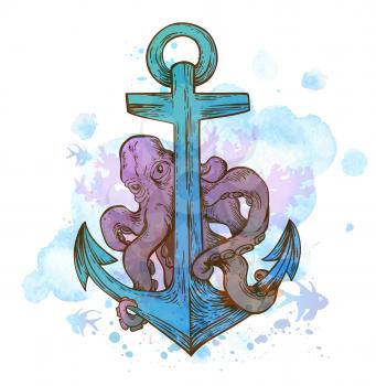 Vintage hand drawn vector anchor and octopus on a blue watercolor background.