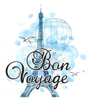 Eiffel Tower and air balloon on a blue watercolor background. Travel background with Bon voyage lettering.