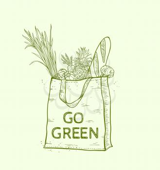 Reusable shopping eco bag with fresh food. Hand drawn vector illustration.