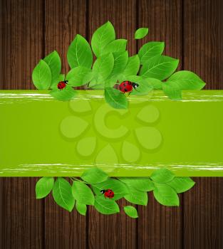 Green horizontal banner with leaves and ladybug on a wooden background. Vector illustration.