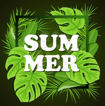 Green tropical leaves on a black background. Vector summer floral frame with tropical plants.