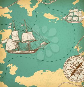 Vintage vector map with sailing vessels. Ancient map with ships and compass.