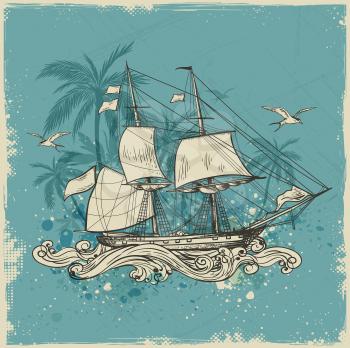 Vintage vector background with sailing vessel and palms. 