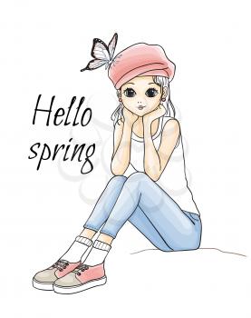 Cute young girl in pink hat with butterfly. Vector hand drawn illustration.
