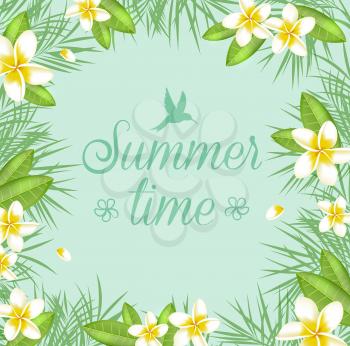 Tropical leaves and flowers on a green background. Vector summer floral frame.