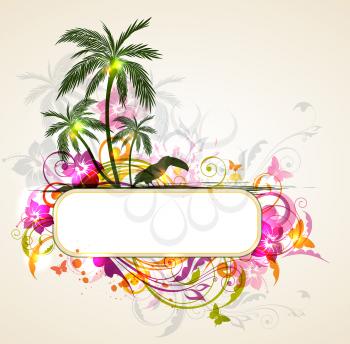 Vector bright tropical background with palms and toucan. Summer banner with tropical flowers.