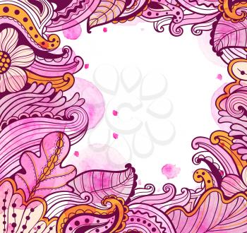 Abstract floral autumn frame with pink watercolor blots. Hand drawn vector illustration.