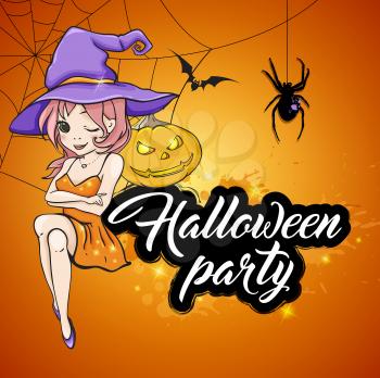 Cute young witch and pumpkin on orange background. Design for Halloween party. Vector illustration. 