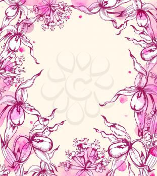 Vintage vector hand drawn floral frame with orchids and pink watercolor blots. Retro floral background.