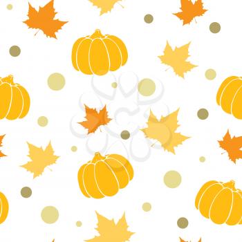 Vector seamless pattern with orange pumpkin and maple leaves. Abstract autumn background.