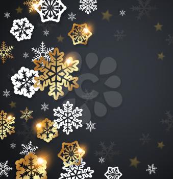 Black Christmas background with golden and white snowflakes. Design for Christmas card.