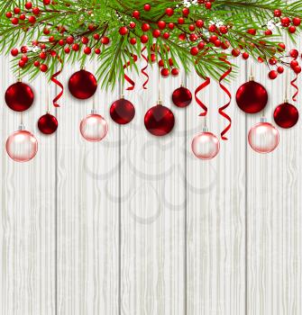 Christmas card with green fir branch and red decorations on a wooden background. Vector illustration.